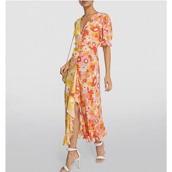 RIXO Dress Womens XS Ariel Floral Print Midi Yellow Orange Viscose - Picture 1 of 11